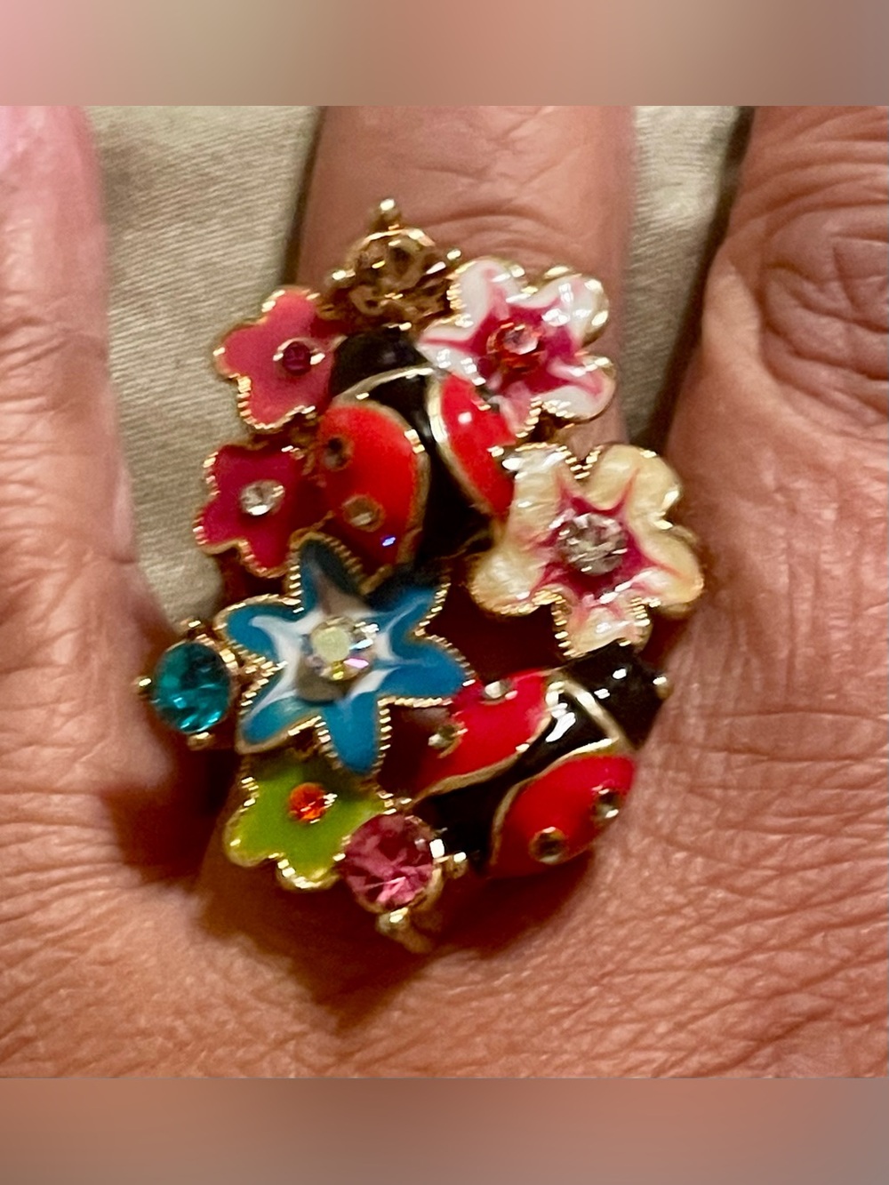 Ladybug Lovers Lot! Bright Enamel Ring and two hand painted brooches